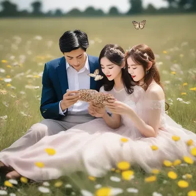 The delicate beauty of the emperor butterfly fluttering through a flower-filled meadow captivated the hearts of the young couple on their romantic picnic.