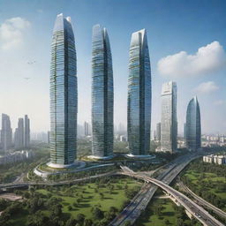 Futuristic India in 3030 with advanced technology, soaring skyscrapers, green spaces, eco-friendly public transport, and diverse cultures co-existing harmoniously