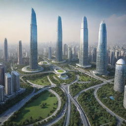 Futuristic India in 3030 with advanced technology, soaring skyscrapers, green spaces, eco-friendly public transport, and diverse cultures co-existing harmoniously