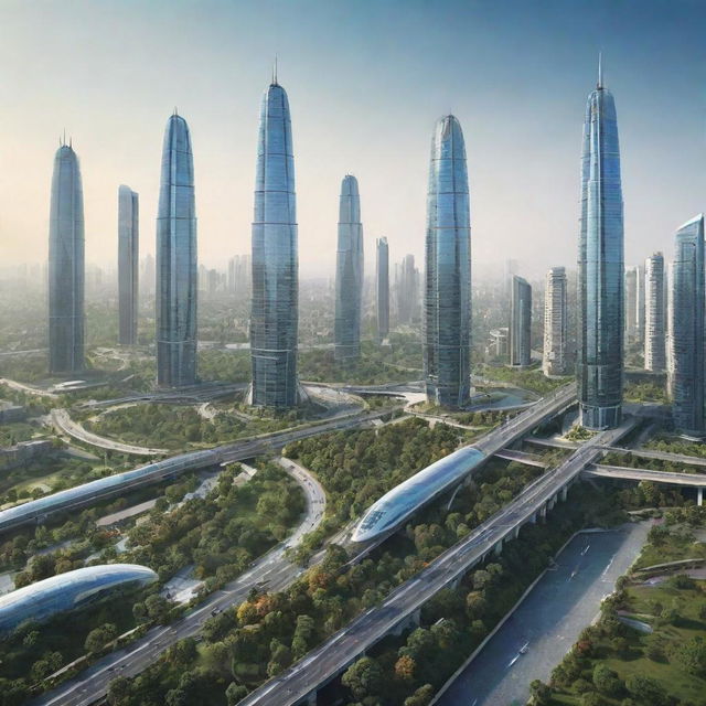 Futuristic India in 3030 with advanced technology, soaring skyscrapers, green spaces, eco-friendly public transport, and diverse cultures co-existing harmoniously