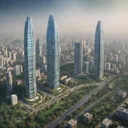 Futuristic India in 3030 with advanced technology, soaring skyscrapers, green spaces, eco-friendly public transport, and diverse cultures co-existing harmoniously