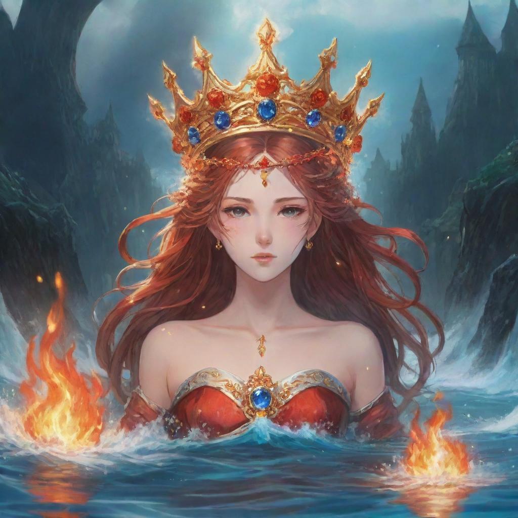 An anime-style fantasy setting with a crown wreathed in fire and water, accompanied by the written word 'Queen'