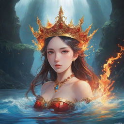 An anime-style fantasy setting with a crown wreathed in fire and water, accompanied by the written word 'Queen'