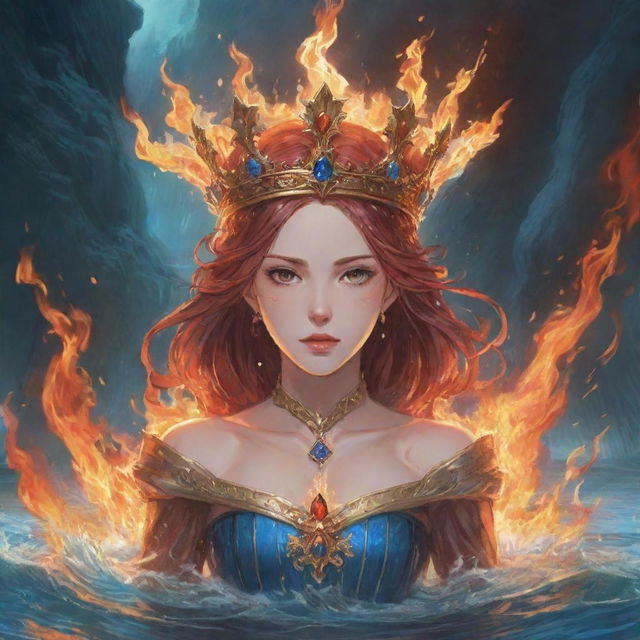 An anime-style fantasy setting with a crown wreathed in fire and water, accompanied by the written word 'Queen'