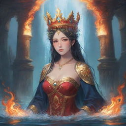 An anime-style fantasy setting with a crown wreathed in fire and water, accompanied by the written word 'Queen'