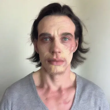 The makeup artist applied a blotchy foundation to the actor's face to make him look sickly.