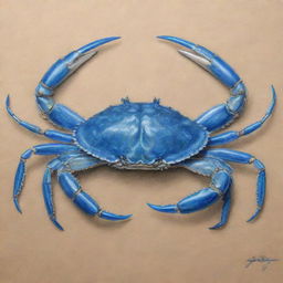 Detailed sketch of a blue swimming crab, richly textured and life-like, done with pencil