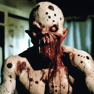 The horror movie featured a creepy monster with a blotchy skin, covered in irregularly shaped spots and blots.