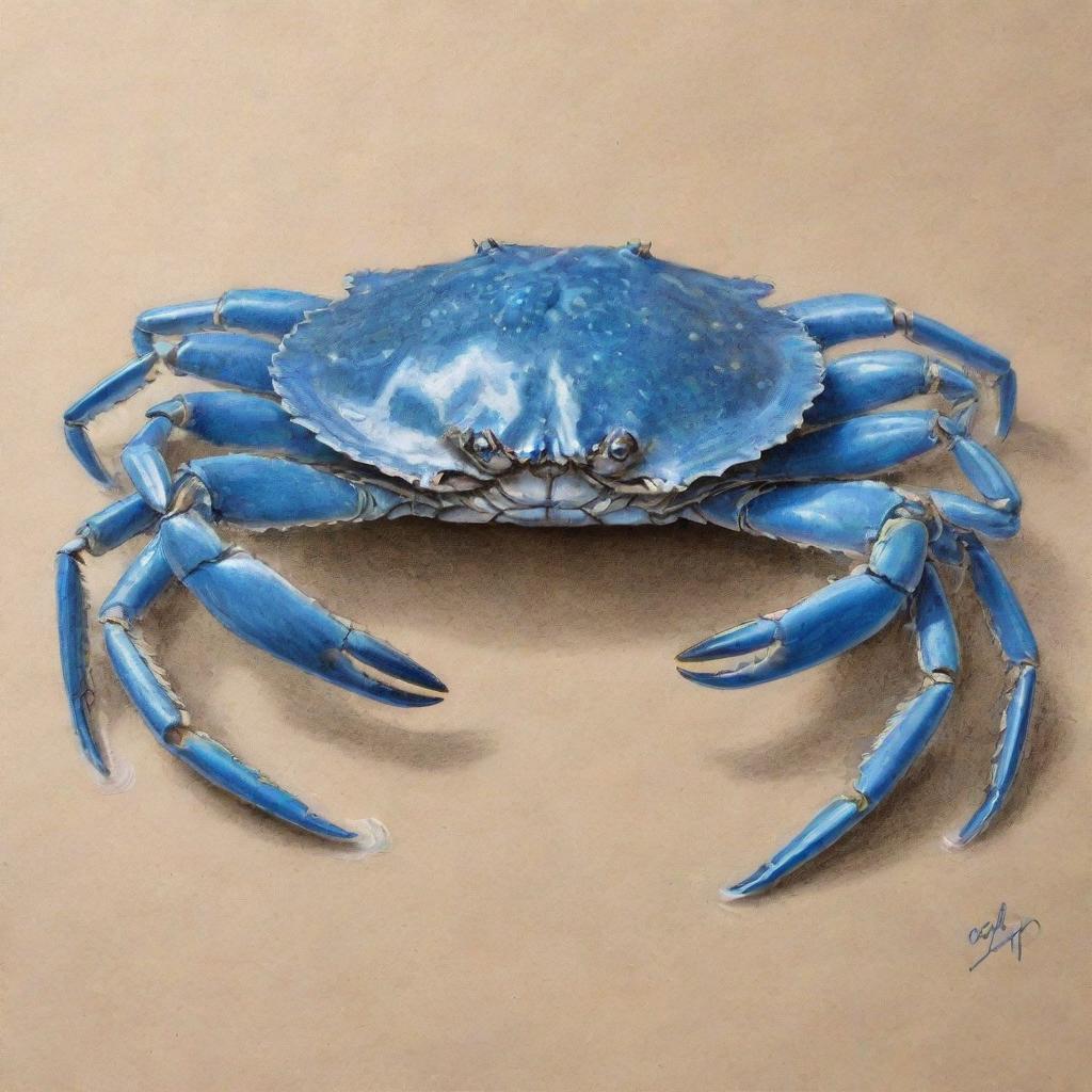 Detailed sketch of a blue swimming crab, richly textured and life-like, done with pencil