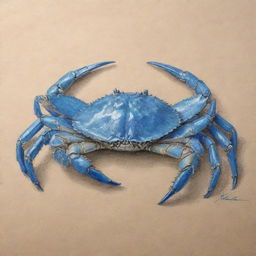 Detailed sketch of a blue swimming crab, richly textured and life-like, done with pencil