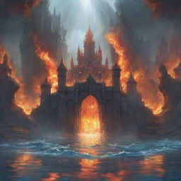 An anime-style depiction of a fantasy setting with a crown enveloped in water and fire