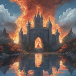 An anime-style depiction of a fantasy setting with a crown enveloped in water and fire