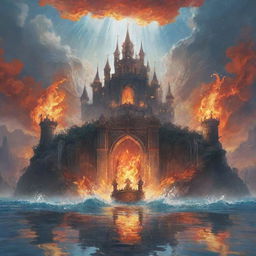 An anime-style depiction of a fantasy setting with a crown enveloped in water and fire