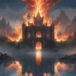 An anime-style depiction of a fantasy setting with a crown enveloped in water and fire