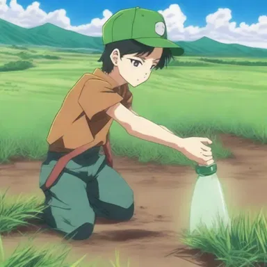 In the anime series, the protagonist is shown using a special spray to nitrify the soil of a barren land, resulting in lush green fields.