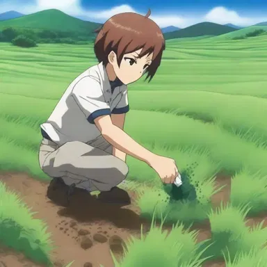 In the anime series, the protagonist is shown using a special spray to nitrify the soil of a barren land, resulting in lush green fields.