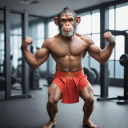 Hanuman, the Hindu monkey god, engaged in an intense workout at a modern gym.