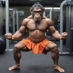 Hanuman, the Hindu monkey god, engaged in an intense workout at a modern gym.