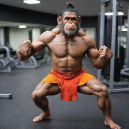 Hanuman, the Hindu monkey god, engaged in an intense workout at a modern gym.