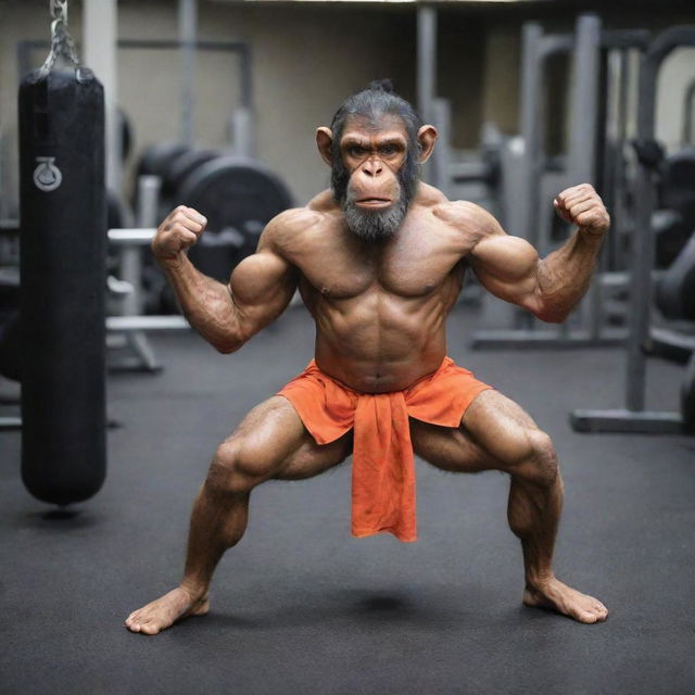 Hanuman, the Hindu monkey god, engaged in an intense workout at a modern gym.