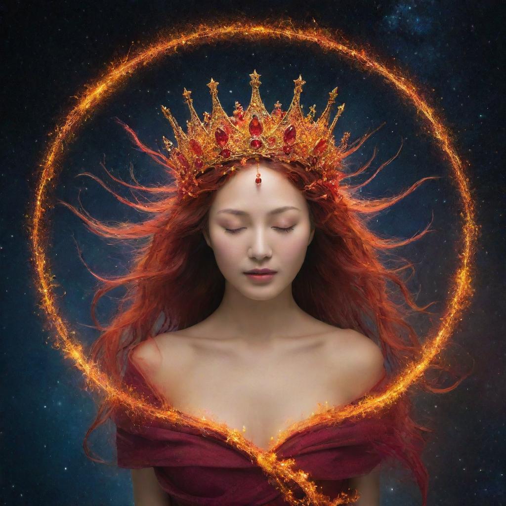 A celestial crown in the cosmos, adorned with fiery tendrils and cascading water, symbolizing a harmonious dance of passion and tranquility