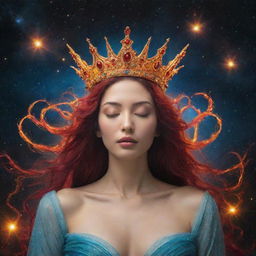 A celestial crown in the cosmos, adorned with fiery tendrils and cascading water, symbolizing a harmonious dance of passion and tranquility