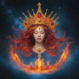 A celestial crown in the cosmos, adorned with fiery tendrils and cascading water, symbolizing a harmonious dance of passion and tranquility