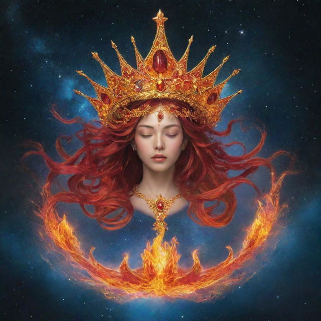 A celestial crown in the cosmos, adorned with fiery tendrils and cascading water, symbolizing a harmonious dance of passion and tranquility