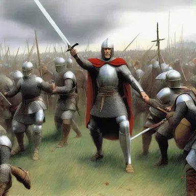 In the year thirty-four, King Arthur led his army to victory in a decisive battle against the invading forces.