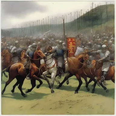 In the year thirty-four, King Arthur led his army to victory in a decisive battle against the invading forces.