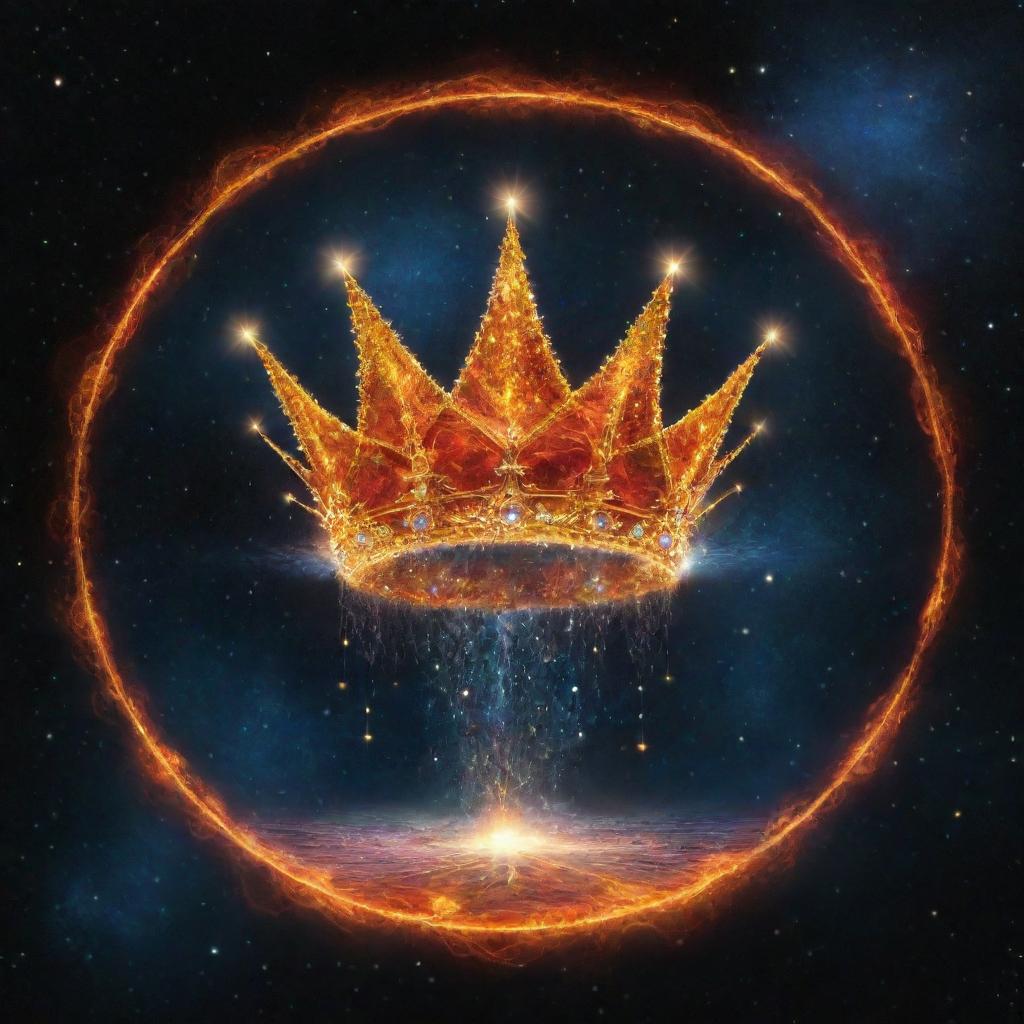 A celestial crown floating in the cosmos, adorned with fiery tendrils and cascading water, symbolizing a harmonious fusion of elements, without any humans present