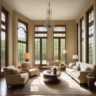 The spacious living room was decorated with elegant furniture and adorned with thirty-four windows, allowing ample natural light to fill the space.