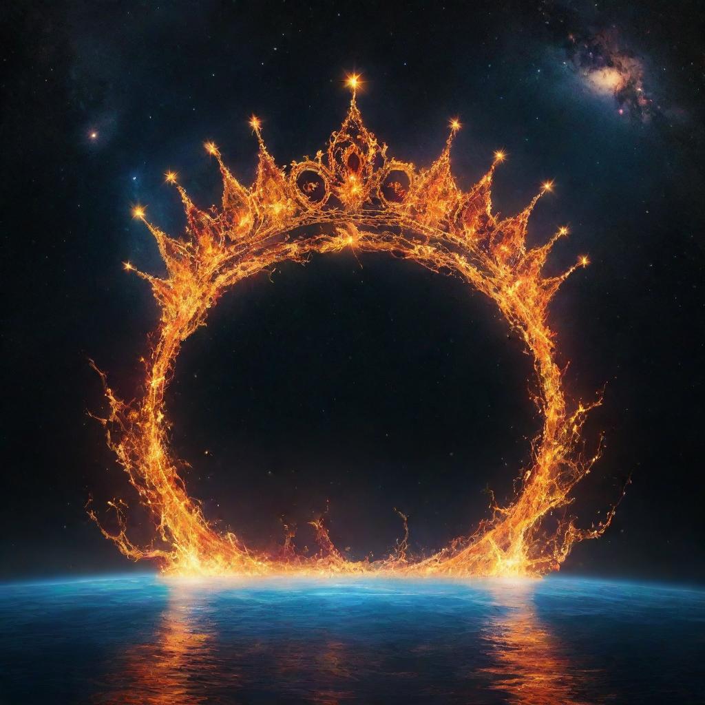 A celestial crown floating in the cosmos, adorned with fiery tendrils and cascading water, symbolizing a harmonious fusion of elements, without any humans present