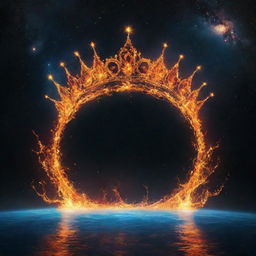 A celestial crown floating in the cosmos, adorned with fiery tendrils and cascading water, symbolizing a harmonious fusion of elements, without any humans present