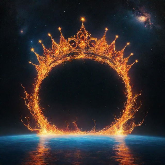 A celestial crown floating in the cosmos, adorned with fiery tendrils and cascading water, symbolizing a harmonious fusion of elements, without any humans present