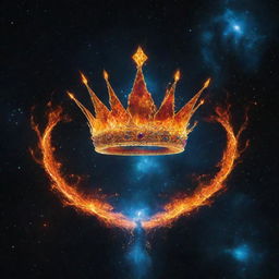 A celestial crown floating in the cosmos, adorned with fiery tendrils and cascading water, symbolizing a harmonious fusion of elements, without any humans present