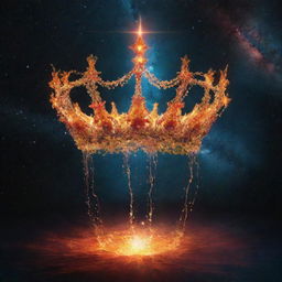 A celestial crown floating in the cosmos, adorned with fiery tendrils and cascading water, symbolizing a harmonious fusion of elements, without any humans present