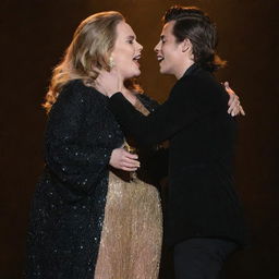 Adele and Harry Styles, both in stylish stage outfits, singing passionately on a stage, holding each other in a friendly embrace, under the glow of spotlight.