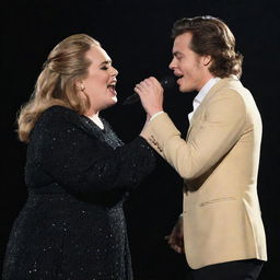 Adele and Harry Styles, both in stylish stage outfits, singing passionately on a stage, holding each other in a friendly embrace, under the glow of spotlight.