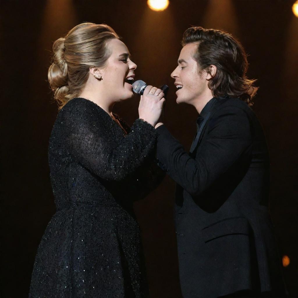 Adele and Harry Styles, both in stylish stage outfits, singing passionately on a stage, holding each other in a friendly embrace, under the glow of spotlight.