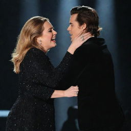 Adele and Harry Styles, both in stylish stage outfits, singing passionately on a stage, holding each other in a friendly embrace, under the glow of spotlight.