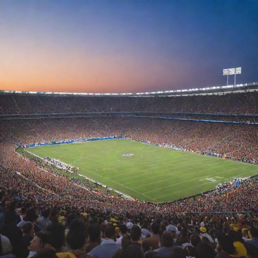 A grand, brightly lit stadium packed with cheering fans. The field lies pristine, buzzing with anticipation under the evening sky.