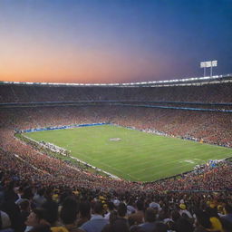 A grand, brightly lit stadium packed with cheering fans. The field lies pristine, buzzing with anticipation under the evening sky.