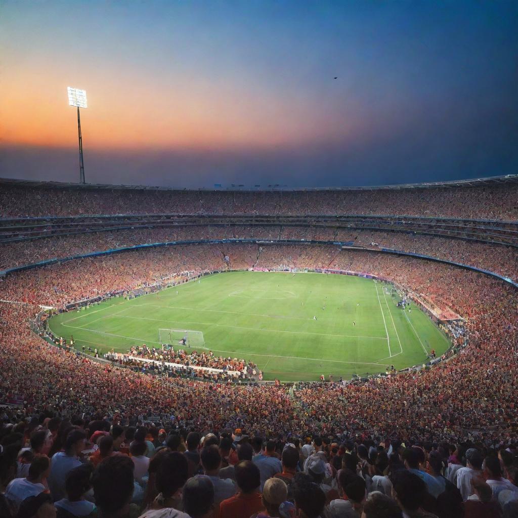 A grand, brightly lit stadium packed with cheering fans. The field lies pristine, buzzing with anticipation under the evening sky.