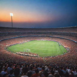 A grand, brightly lit stadium packed with cheering fans. The field lies pristine, buzzing with anticipation under the evening sky.