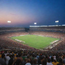 A grand, brightly lit stadium packed with cheering fans. The field lies pristine, buzzing with anticipation under the evening sky.