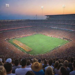 A grand, brightly lit stadium packed with cheering fans. The field lies pristine, buzzing with anticipation under the evening sky.