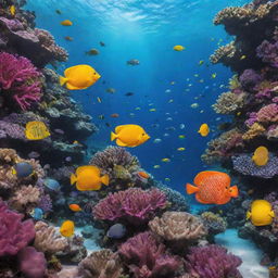 A vibrant and detailed underwater scene featuring a wide variety of colorful, exotic fish swimming among brilliant coral reefs.