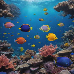 A vibrant and detailed underwater scene featuring a wide variety of colorful, exotic fish swimming among brilliant coral reefs.