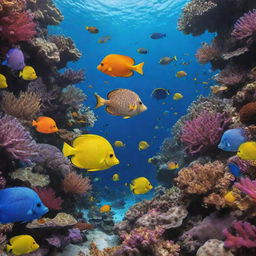 A vibrant and detailed underwater scene featuring a wide variety of colorful, exotic fish swimming among brilliant coral reefs.